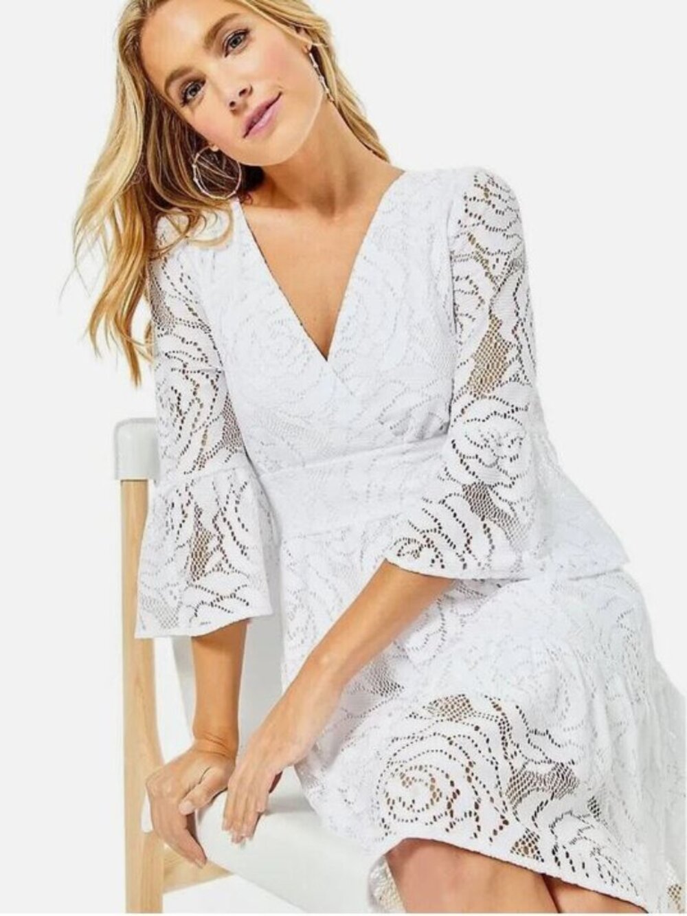 Lilly Pulitzer Cecelia White Floral Lace 3/4 Sleeve V-Neck Dress Size 6